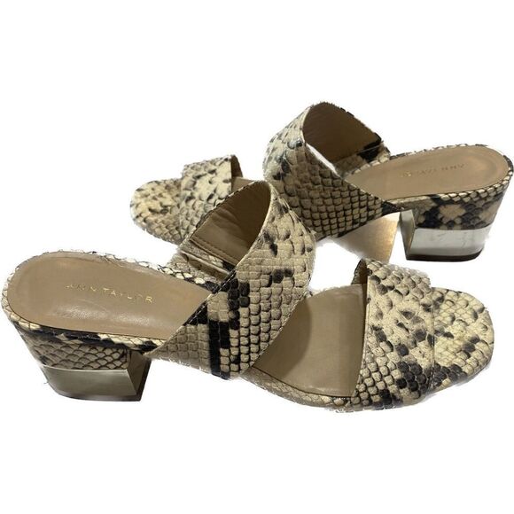 Ann Taylor Cream Black Faux Snakeskin Block Heel Slides Sandals Women SZ 7.5 - Picture 1 of 7